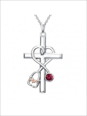 Nurse Birthstone Cross Stethoscope Pendant Necklace 18in Chain
